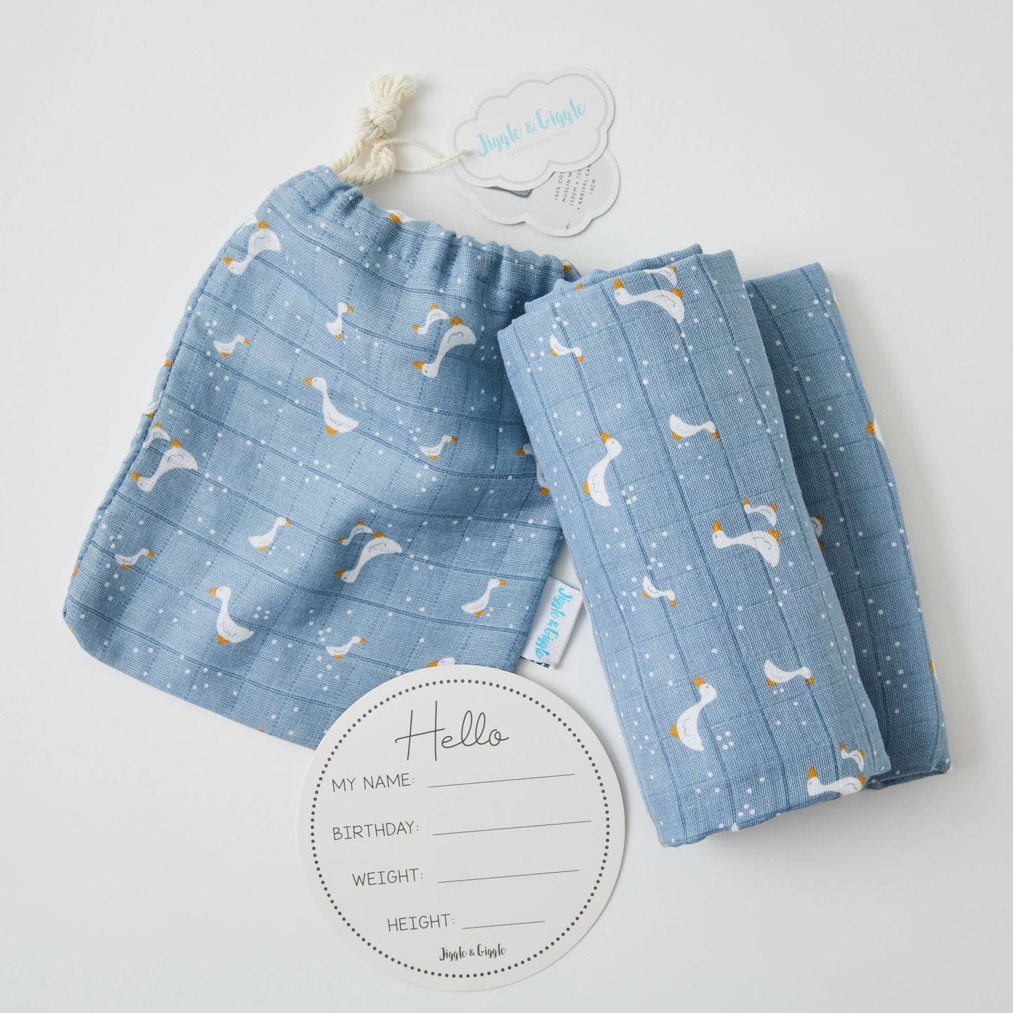 Blue Goose Muslin Wrap & New Arrival Card